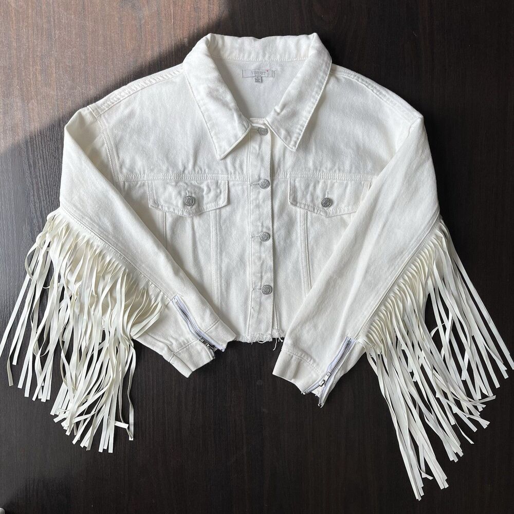 Veveret White Fringe Cropped Denim Jacket Raw Hem Womans Western Rodeo Cowgirl S
